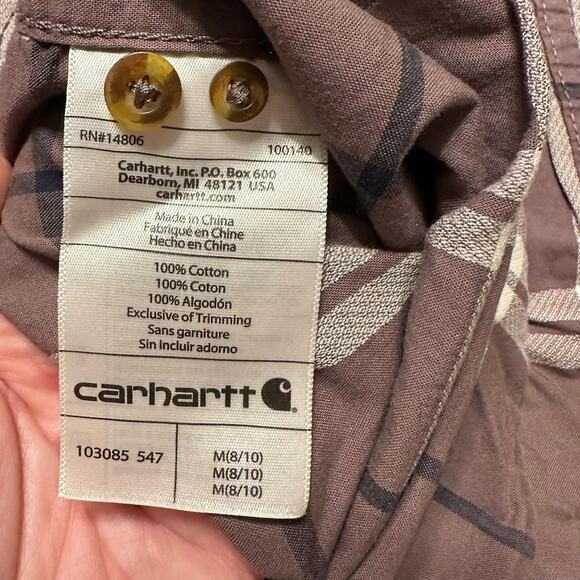 Carhartt Women's Shirt Button Up Roll Tab Sleeve Plaid Mauve Size Medium - Picture 6 of 7